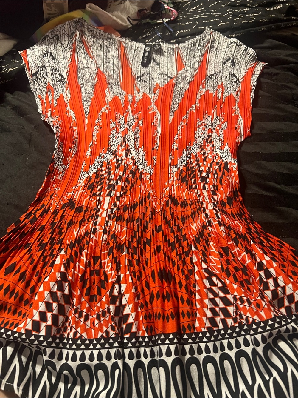 Milano Orange, Black White Crinkle Short Sleeve Blouse, small.